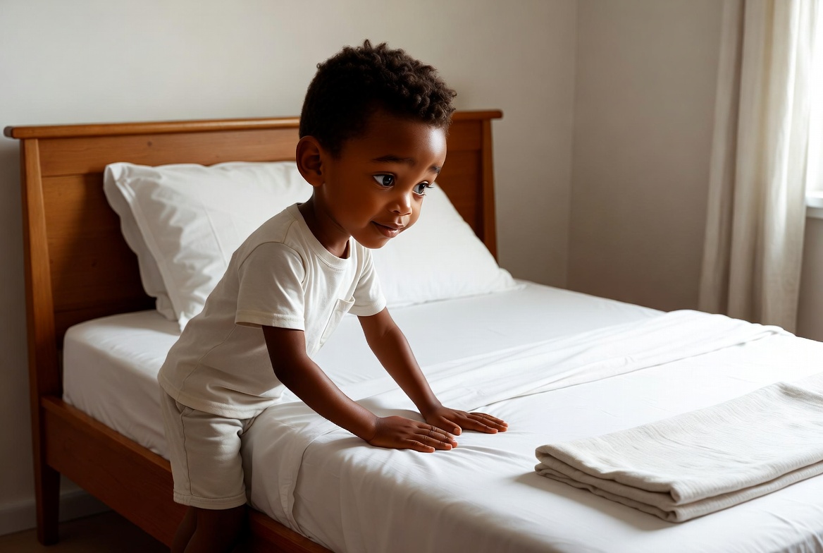 Boy making his own bed
