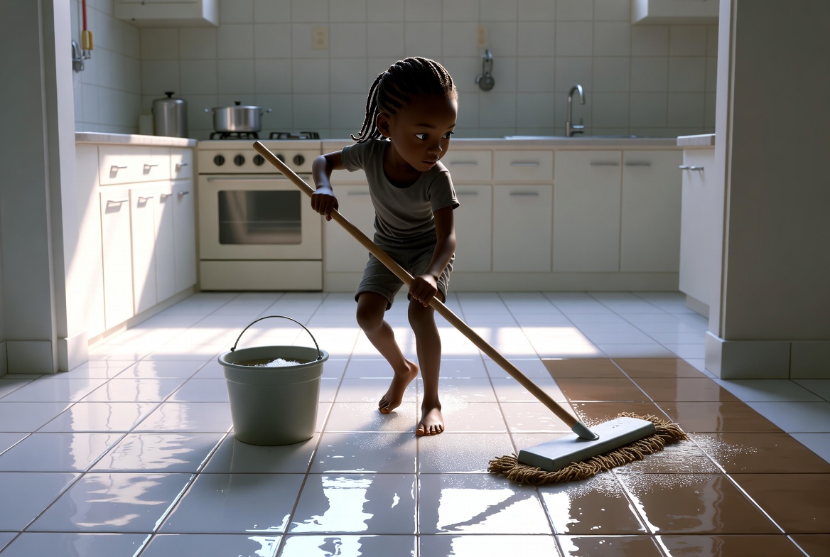 Girl helping clean the home