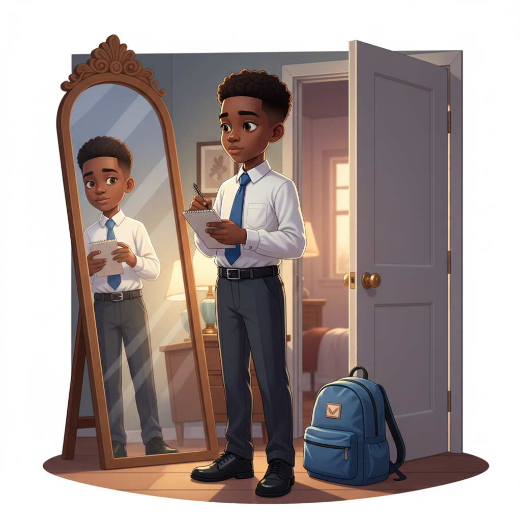 A responsible boy checking himself in the mirror, ready for the day